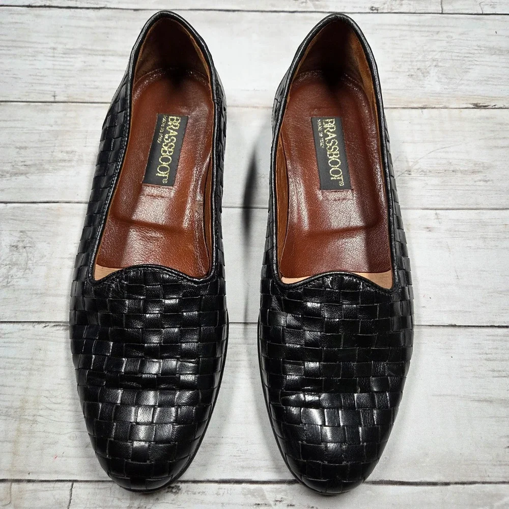 Brassboot Woven Leather Loafers Basketweave Dress Shoe Men 9 Black Made in Italy